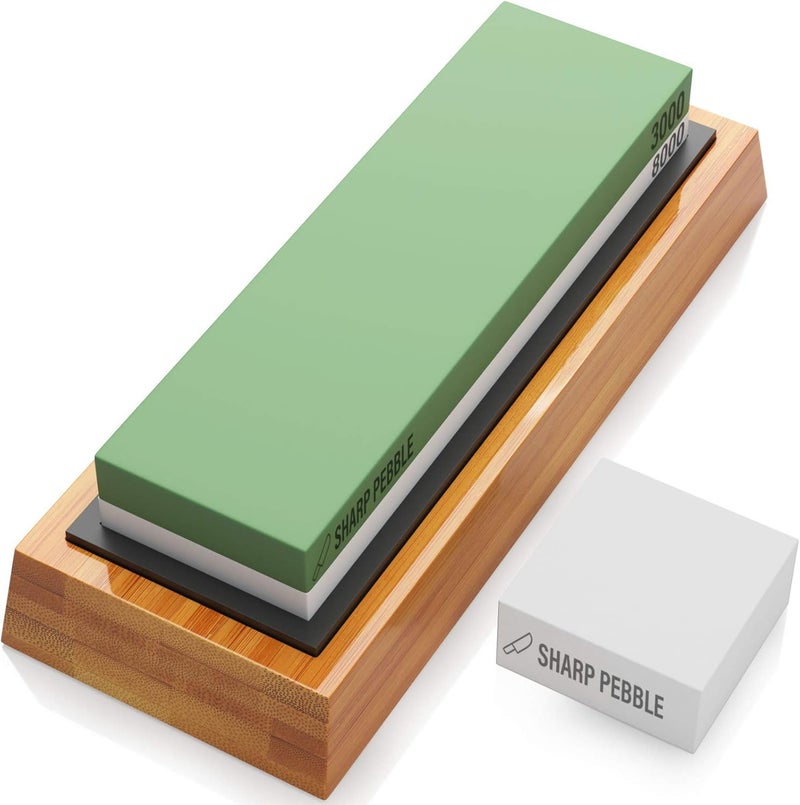 Sharp Pebble Premium Whetstone Knife Sharpening Stone 2 Side Grit 3000/8000 Wetstone Kit -Wetstone Kitchen Knife Sharpener with Non-Slip Bamboo Base & Flattening Stone - Image 1